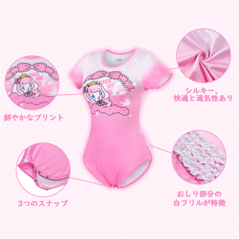 LittleForBig大人ロンパース パジャマ【ピンキー美姫ちゃんとバラ】バック３D白フリル3段 グラデーションピンク スベスベシルキー触感 DP0038