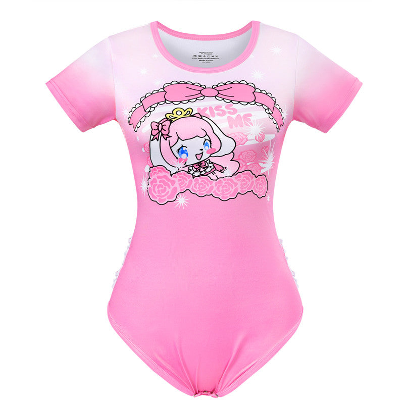 LittleForBig大人ロンパース パジャマ【ピンキー美姫ちゃんとバラ】バック３D白フリル3段 グラデーションピンク スベスベシルキー触感 DP0038