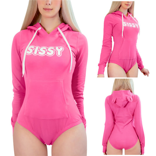 LittleForBigユニセックスロンパース 綿パジャマ パーカー【ゆったりしたシシーとベア】 プリントボディスーツ 長袖 フード付 ローズ M1026F