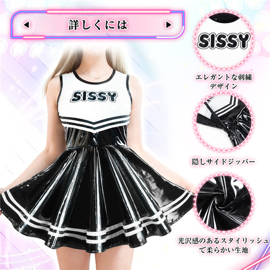 LittleForBigレディースワンピースミニスカート【チアリーダー・シシー】光沢フェイクレザー 袖なしドレス ブラック M340H