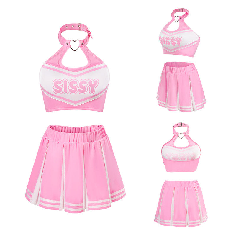 LittleForBigユニセックス ミニスカート2点セット【わくわくゲームデー】首輪襟 キャミソールトップス プリーツスカート バックレス 色合わせ 調整可能なホルターネック ピンク MUT263P
