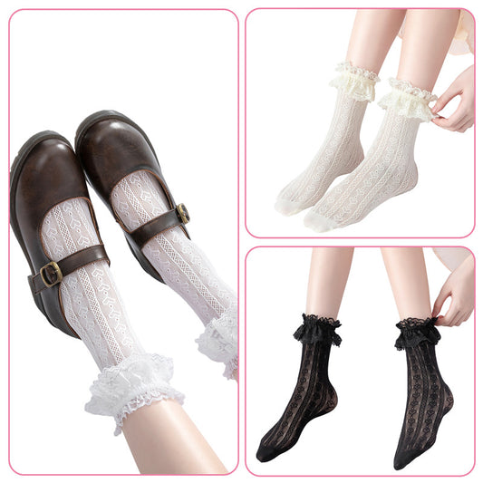 LittleForBig レースフリル【ふわふわハート】 クルーソックス 3点セット 黒 白 飴色 SC07-S302