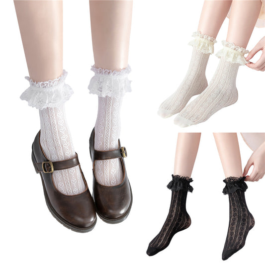 LittleForBig レースフリル【ふわふわハート】 クルーソックス 3点セット 黒 白 飴色 SC07-S302