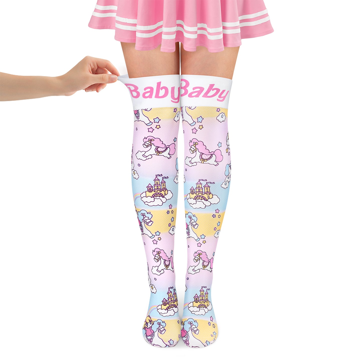 LittleForBigニーハイストッキング オーバーニー サイハイ 靴下【夢の国の小さな妖精たち】シルキーハイソックス ストレッチ Baby文字プリント 滑り止めシリコーングリップ シームレストゥ 伸縮性 通気性 ピンク SL16P
