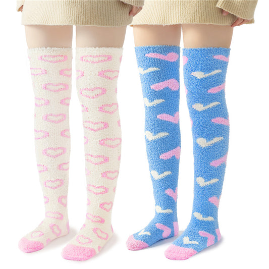 Littleforbig可愛いコーラルフリース ニーハイソックス【ハート柄】ストッキング 2足セット ブルー&ホワイト SL606-S201