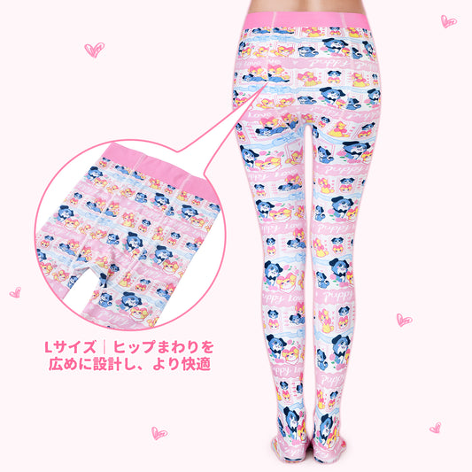 LittleForBig大人用フットタイツ【あおちゃんの恋い物語柄】総柄 100Dソフトベルベット つま先まで一体型 柔らかい肌触 犬柄 ピンクウエストバンドと足口 伸縮性 フィット感 ピンク SP001P