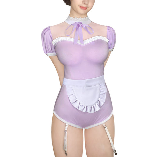 LittleForBig大人用ロンパース【メイド服】レース襟 エプロン・ガーターベルト付 紫 037Z