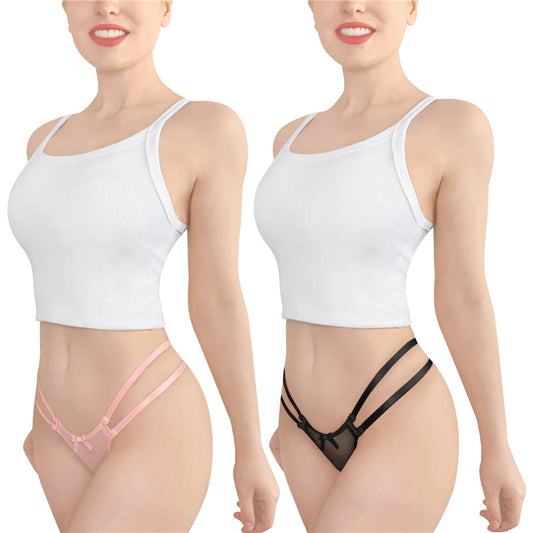 Littleforbigレディース メッシュパンティー【ダブルストラップ リボン】Tバック 2枚セットUP203