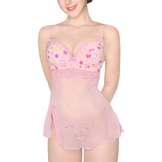 Littleforbig女子ランジェリー2点セット【うさぎ月】メッシュタンクトップとTバック UT237P