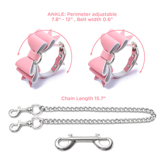 BDSMグッズ 柔軟なラム革ベルト【蝶結び】足枷カフス 4点セット 調節可能【ピンク・白・銀】
