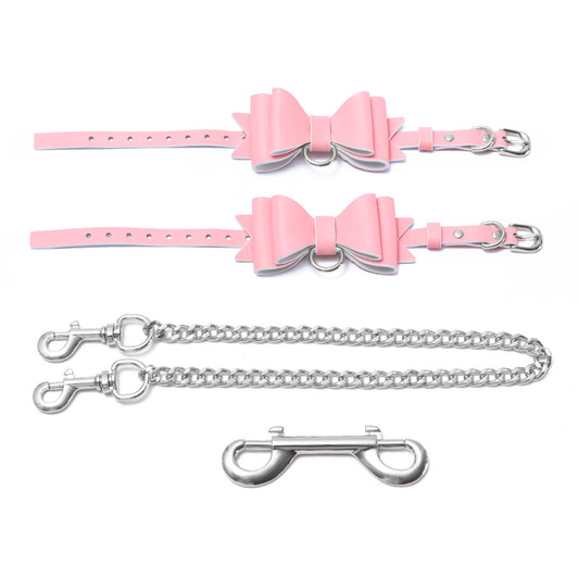 BDSMグッズ 柔軟なラム革ベルト【蝶結び】足枷カフス 4点セット 調節可能【ピンク・白・銀】