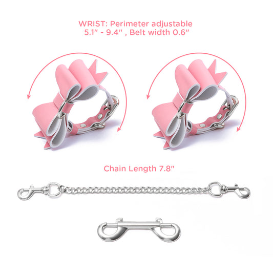 BDSMグッズ 柔軟なラム革ベルト【蝶結び】手枷カフス 4点セット 調節可能【ピンク・白・銀】