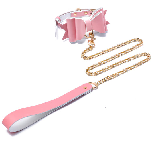 BDSMグッズ 柔軟なラム革ベルト【蝶結び】首輪枷カフス 2点セット 調節可能【ピンク・白・金】