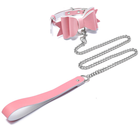 BDSMグッズ 柔軟なラム革ベルト【蝶結び】首輪枷カフス 2点セット 調節可能【ピンク・白・銀】