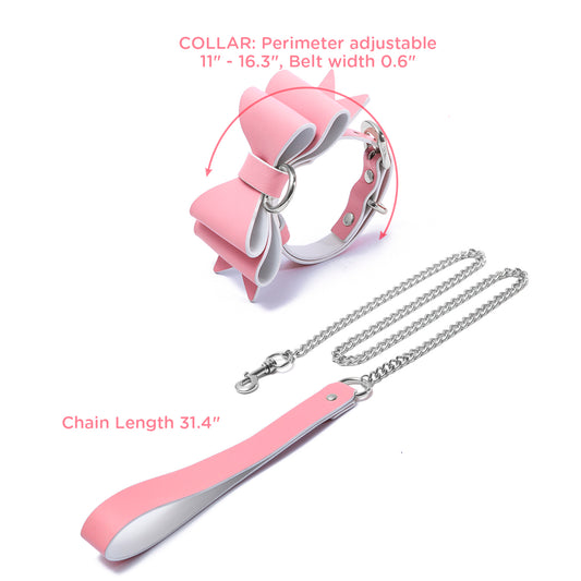BDSMグッズ 柔軟なラム革ベルト【蝶結び】首輪枷カフス 2点セット 調節可能【ピンク・白・銀】