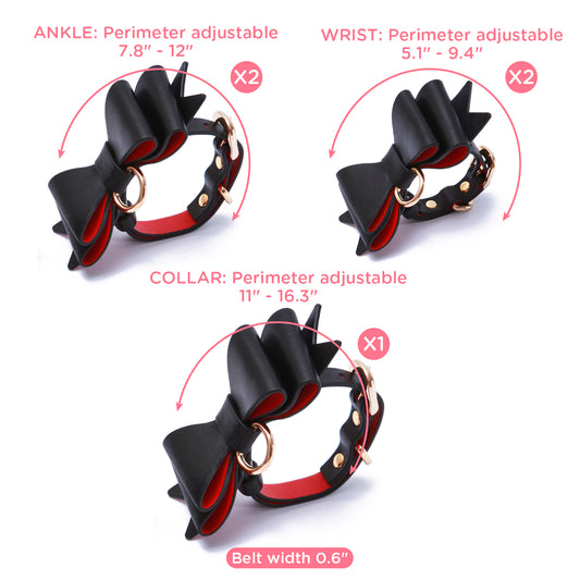 BDSMグッズ 柔軟なラム革ベルト【蝶結び】足枷 手枷 首輪カフス 豪華10点セット 調節可能 【黒・赤・金】