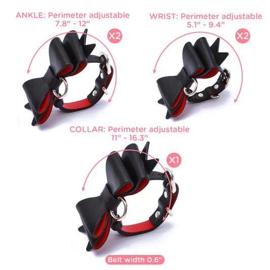 BDSMグッズ 柔軟なラム革ベルト【蝶結び】足枷 手枷 首輪カフス 豪華10点セット 調節可能【黒・赤・銀】