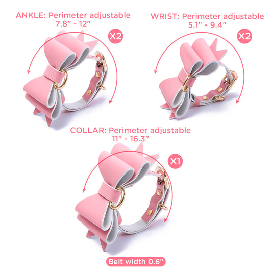 BDSMグッズ 柔軟なラム革ベルト【蝶結び】足枷 手枷 首輪カフス 豪華10点セット 調節可能【ピンク・白・金】