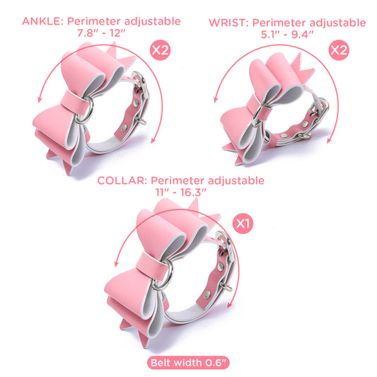 BDSMグッズ 柔軟なラム革ベルト【蝶結び】足枷 手枷 首輪カフス 豪華10点セット 調節可能【ピンク・白・銀】